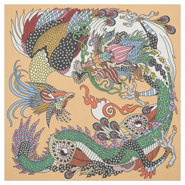 Jade Dragon och Guld Phoenix leker med pärlor Tyg (Provkarta)