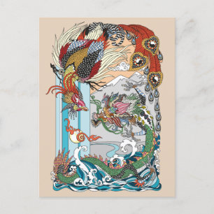 Jade Dragon och Guld Phoenix leker med pärlor Vykort
