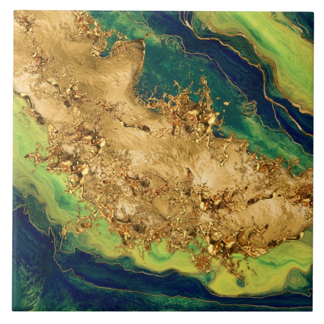 Jade Green and Bronze Gold Abstract Kakelplatta (Framsidan)