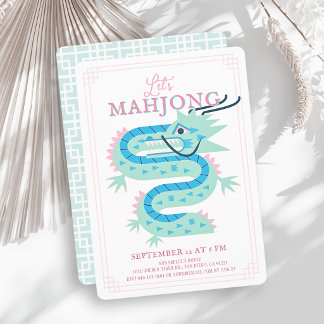 Jade Grön Drak Rosa Chinoiserie Mahjong-fest Inbjudningar