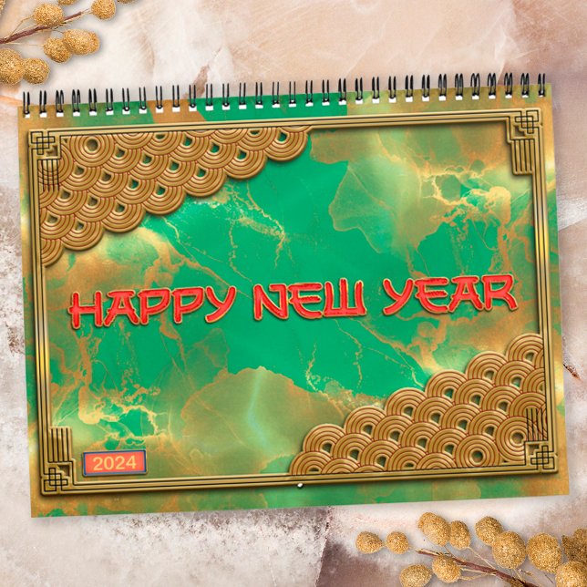 Jade Grön Röd Guld Kinesiska Zodiakens tecken Nyår Kalender (Cover)