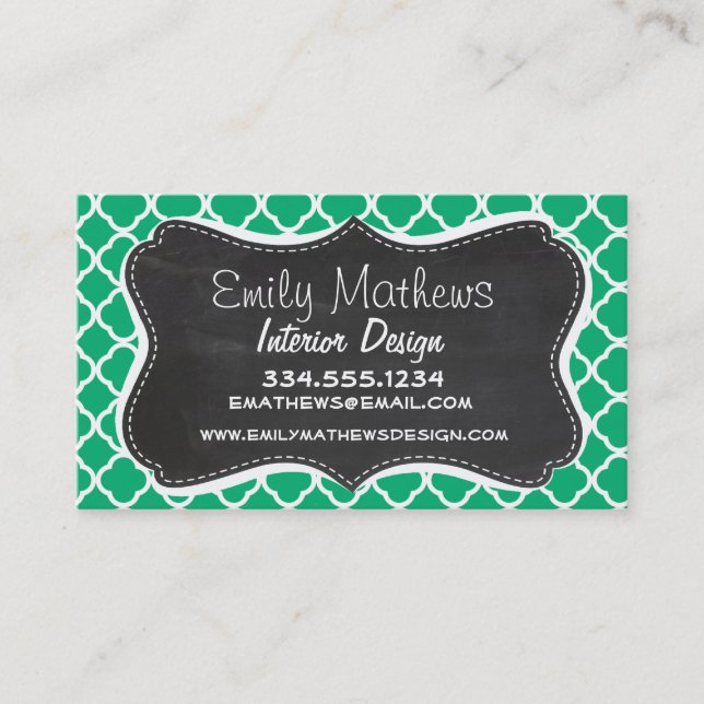 Jade Grönt Moroccan Quatrefoil; Chalkboard-utseend Visitkort (Framsida)