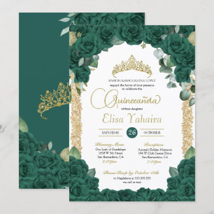 Jade Grönt Ro Blommigt och Guld Quinceanera Inbjudningar