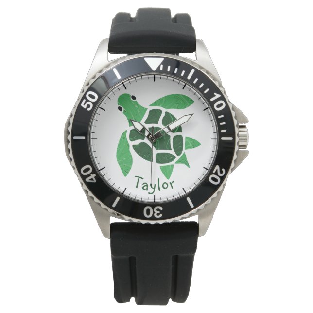 Jade Grönt Sea Turtle Mosaic med Namn Armbandsur (Framsida)