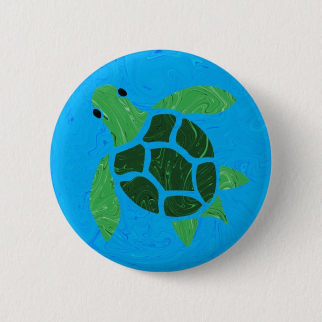 Jade Grönt Sea Turtle på Marble Ocean Blue Knapp (Framsida)