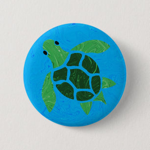 Jade Grönt Sea Turtle på Marble Ocean Blue Knapp