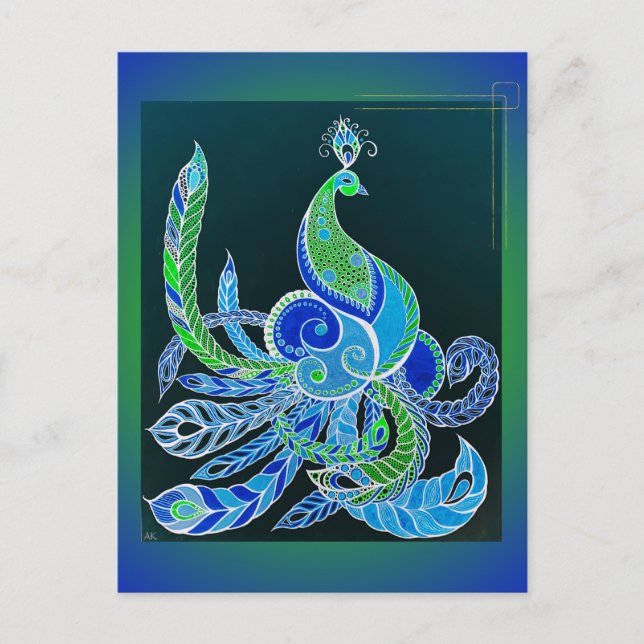 Jade Majesty Elegant grön och blå påfågel  Vykort (Framsida)
