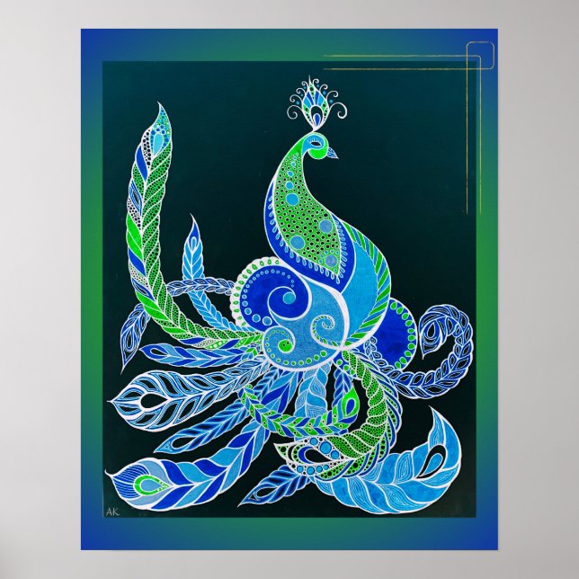 Jade Majesty Elegant Grönt and blue peace ock Poster (Framsidan)
