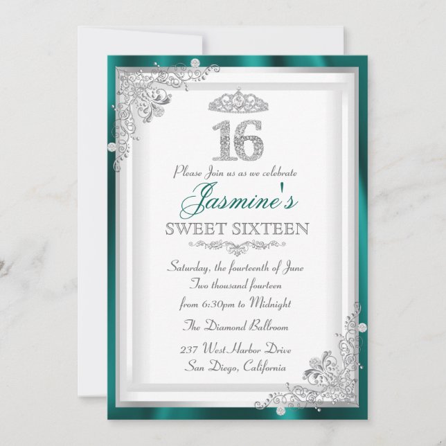 Jade Silver Diamond Damask & Tiara Sweet 16 Inbjud Inbjudningar (Framsida)