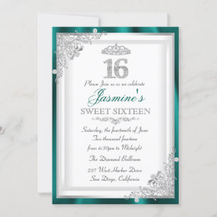 Jade Silver Diamond Damask & Tiara Sweet 16 Inbjud Inbjudningar