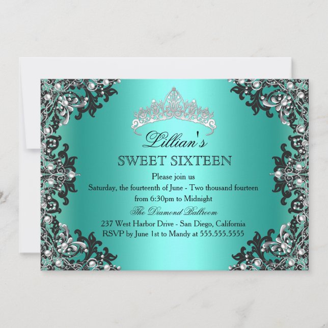 Jade Silver Svart Damask Tiara Sweet 16 Inbjudan (Framsida)