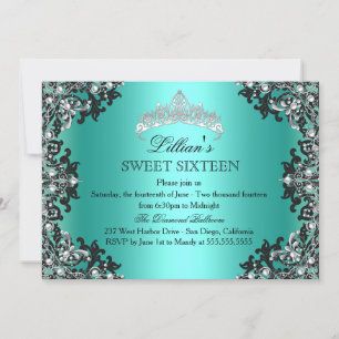 Jade Silver Svart Damask Tiara Sweet 16 Inbjudan