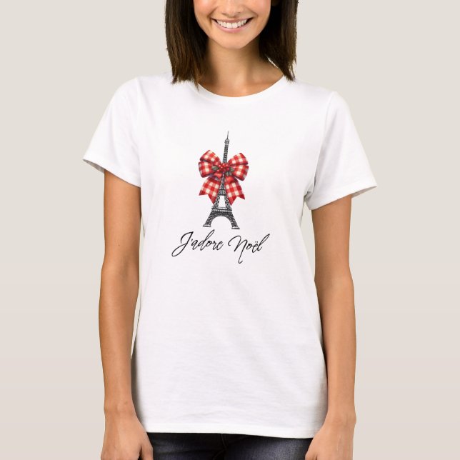 J'adore Noël Eiffel Torn Red Play jul Bow T Shirt (Framsida)