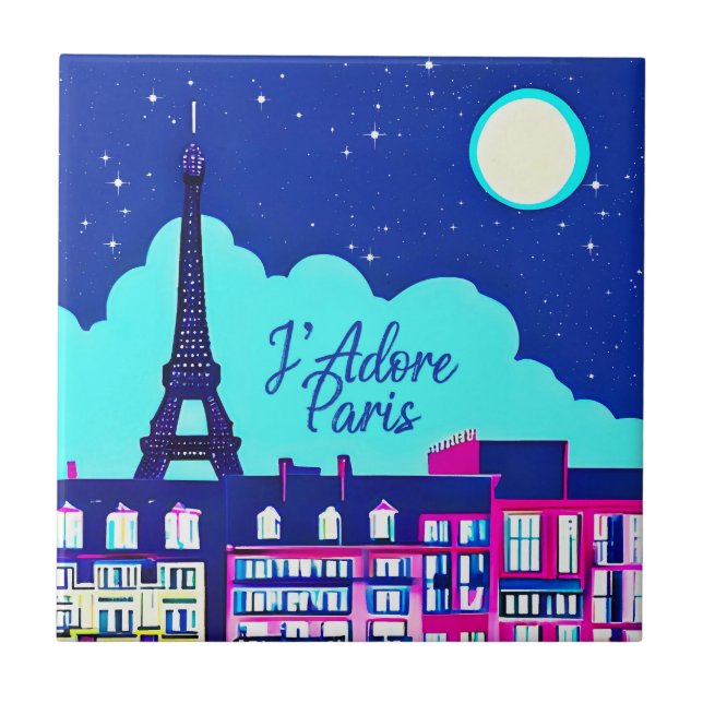 J'adore Paris - Fantasy Paris under en fullmåne Kakelplatta (Framsidan)