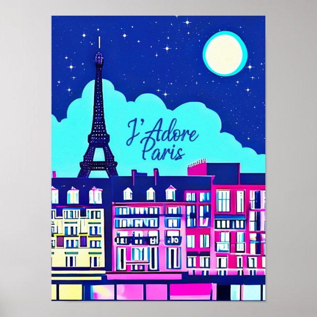 J'adore Paris - Fantasy Paris under en fullmåne Poster (Framsidan)