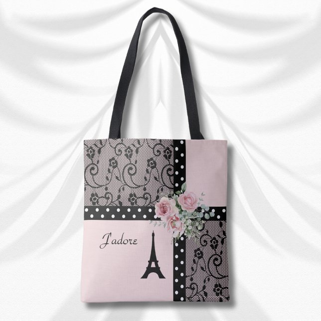 J'adore Pink and Black Paris Chic Handväskor Tygkasse (J'adore Pink and Black Paris Chic Tote Bag)