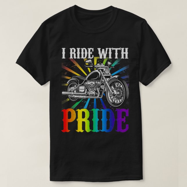 Jag åker med pride biker Rinbow motorcykel lov T Shirt (Design framsida)