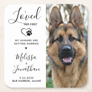 Jag älskade hennes första Pet Bröllop spara datum Underlägg Papper Kvadrat