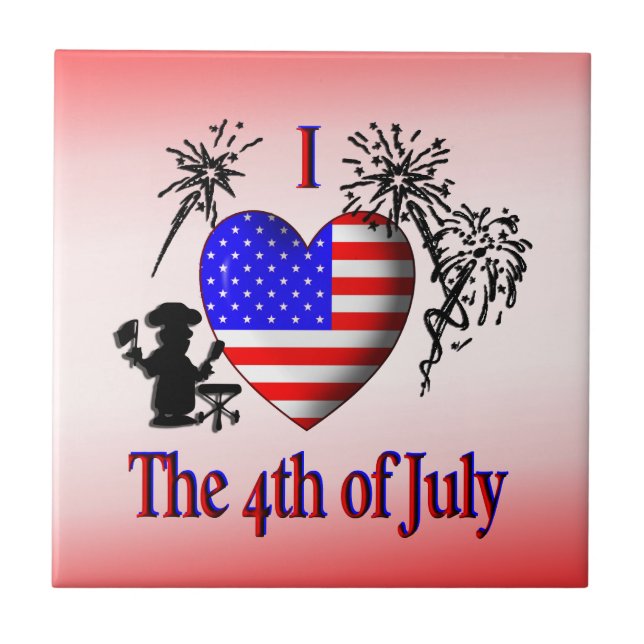 Jag älskar 4 juli Söt amerikansk flagg keramisk pl Kakelplatta (Framsidan)