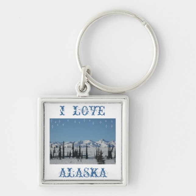 JAG ÄLSKAR ALASKA Keychain Fyrkantig Silverfärgad Nyckelring (Framsidan)