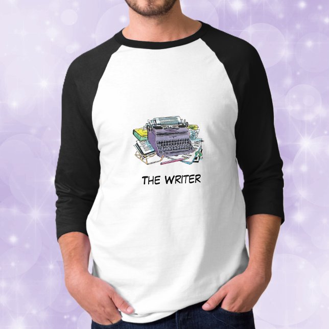 Jag älskar att skriva t-shirt (Purple manual typewriter pens, paper books for writers on black white mens tee shirt.)