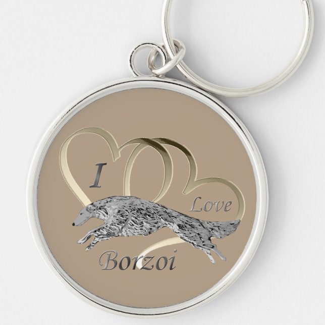 Jag älskar Borzoinyckelringen Rund Silverfärgad Nyckelring (Framsidan)