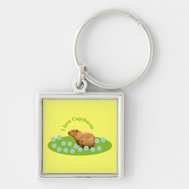 Jag älskar Capybaror Fyrkantig Silverfärgad Nyckelring (Framsidan)