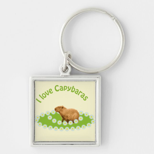 Jag älskar Capybaror Fyrkantig Silverfärgad Nyckelring (Framsidan)