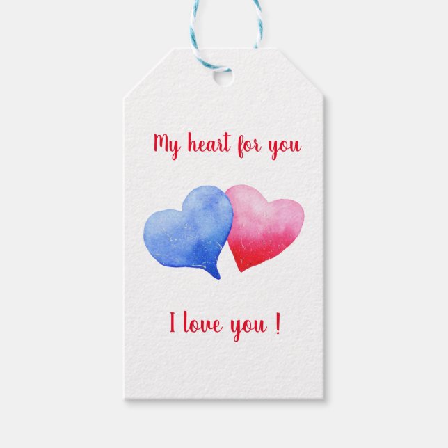 Jag älskar dig akvarell rött och blått hjärta   presentetikett (Framsidan)