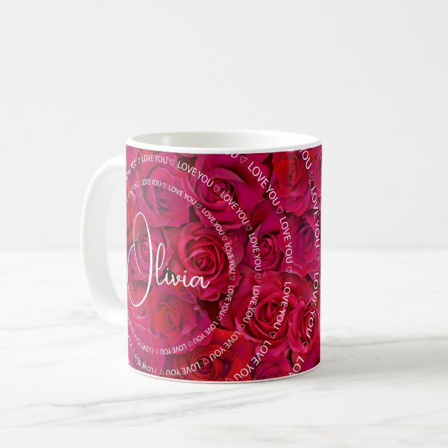 Jag älskar dig anpassat namn röda rosor kärlek kaffemugg (Framsida vänster)