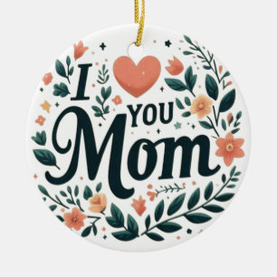 Jag älskar dig mamma - Blommig kranshjärta Julgransprydnad Keramik