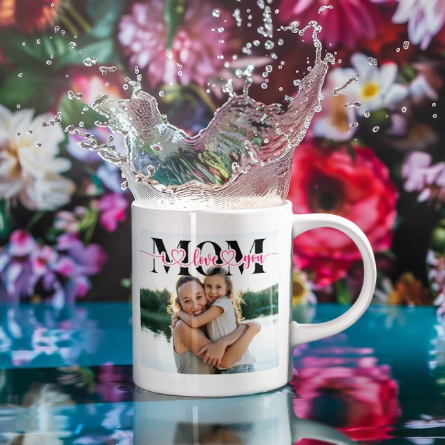 Jag älskar dig mamma hjärta typografi foto kaffemugg (I Love You Mom Heart Typography Photo Coffee Mug)