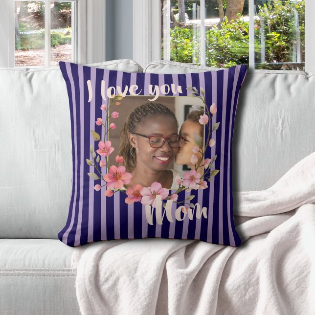 Jag älskar dig mamma Indigo Blå Lavendel Blommig F Kudde (Skapare uppladdad)