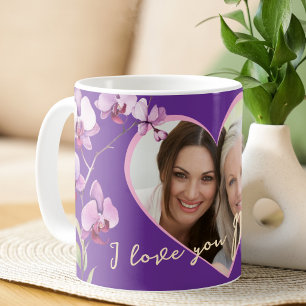 Jag älskar dig mamma lila orkidé hjärta foto kaffemugg