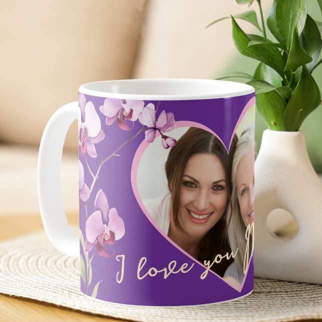 Jag älskar dig mamma lila orkidé hjärta foto kaffemugg (Skapare uppladdad)