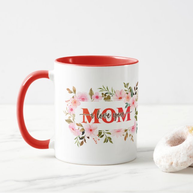 "Jag älskar dig MAMMA" Rosa akvarellrosor Mugg (Med munk)