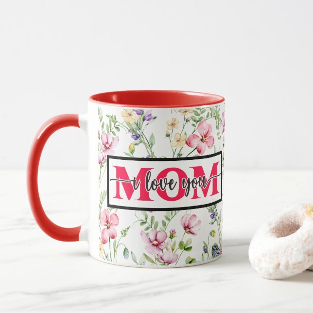"Jag älskar dig MAMMA" Rosa vattenfärg blommor Mugg (Med munk)