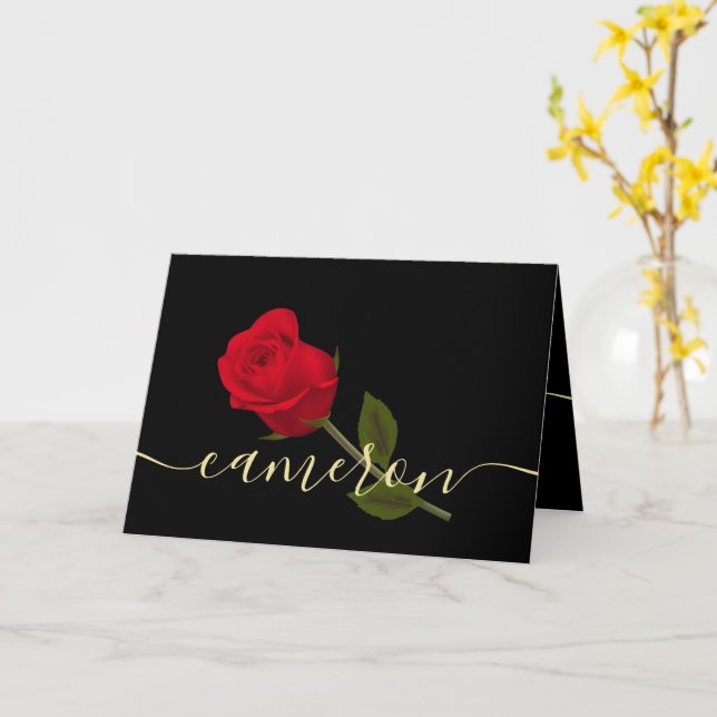 jag älskar dig Röd Ros På Svart Och Guld Monogramm Kort (Gul blomma)