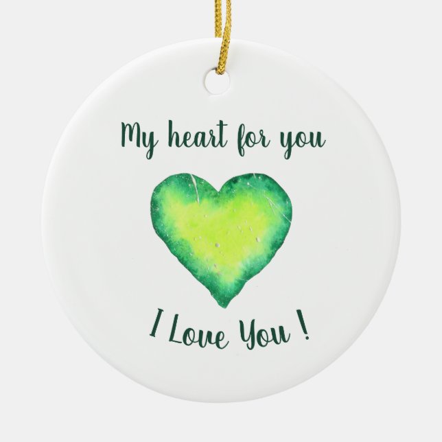 Jag älskar dig söta gröna och blå hjärta födelseda julgransprydnad keramik (Framsidan)