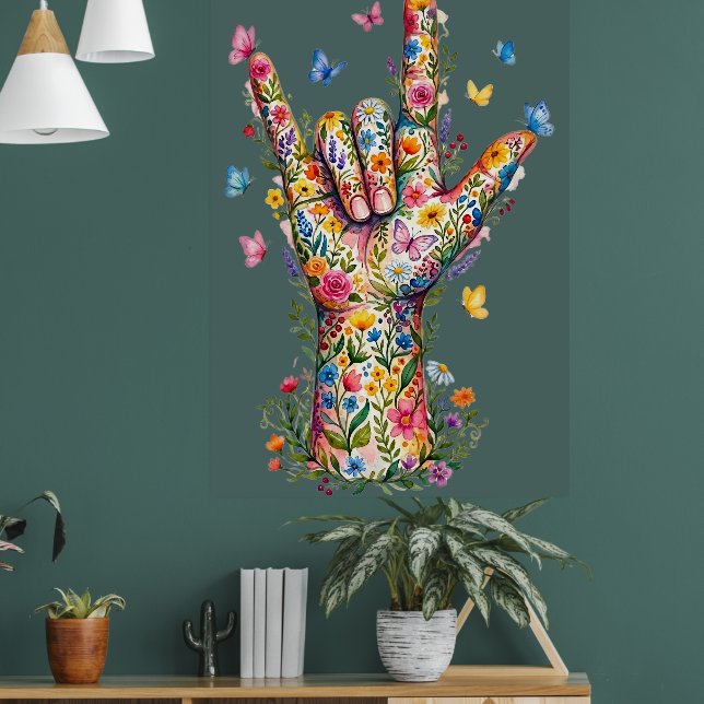 Jag älskar dig tecken språk blommor fjärilar  poster (Vardagsrum 1)