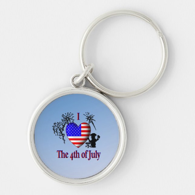Jag älskar fjärde juli rund silverfärgad nyckelring (Framsidan)