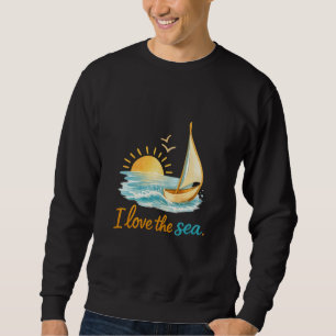 Jag älskar havet segelbåt solnedgång ocean illustr lång ärmad tröja