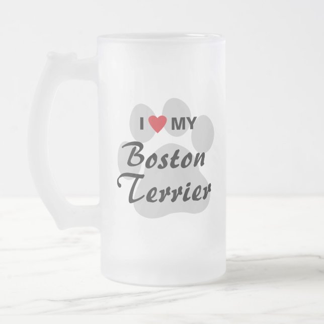 Jag älskar (hjärta) min Boston Terrier Pawprint Frostat Ölglas (Vänster)