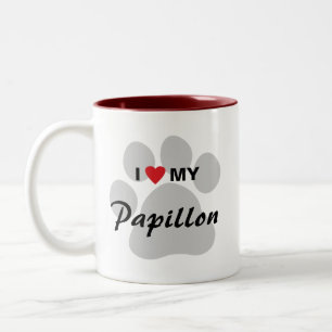 Jag älskar (hjärta) min Papillon Pawprint Två-Tonad Mugg