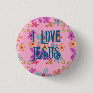 Jag älskar Jesus kristen flicka rosa blommig Knapp