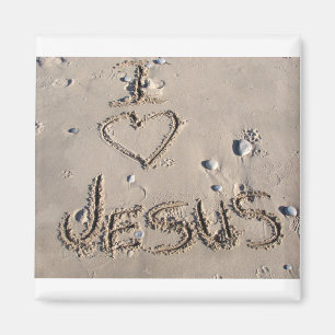 Jag älskar Jesus som är skriftlig i sand Magnet