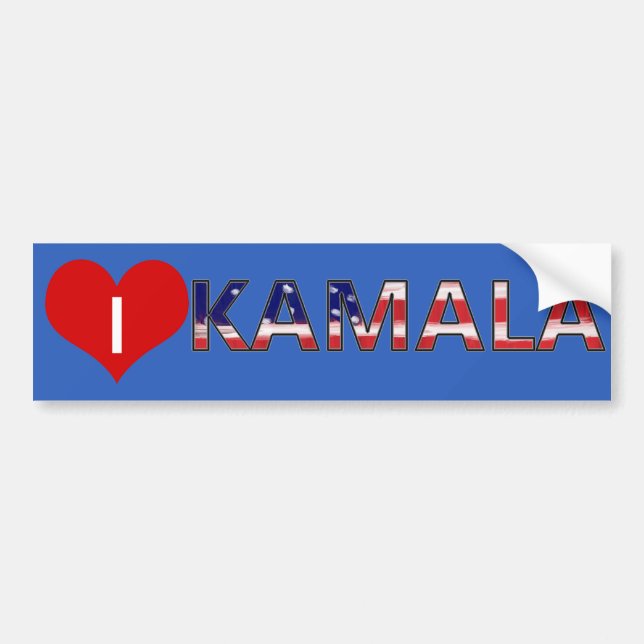 Jag älskar Kamala på blått med Flagga Bumper Stick Bildekal (Framsidan)