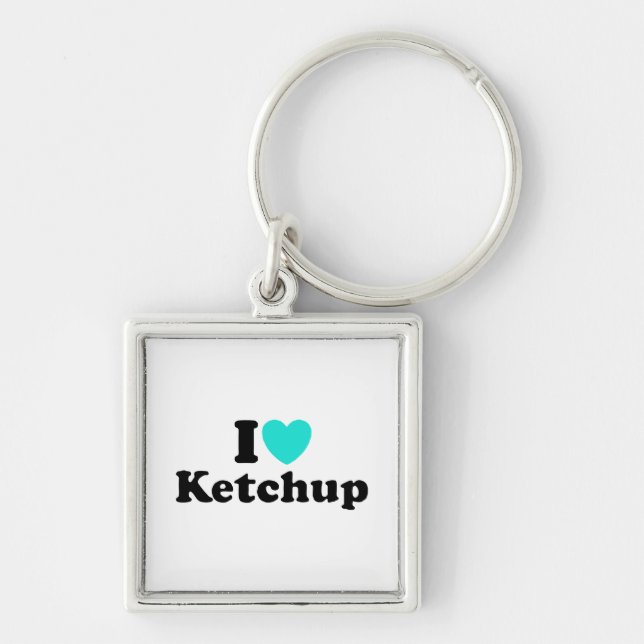Jag älskar Ketchup Fyrkantig Silverfärgad Nyckelring (Framsidan)