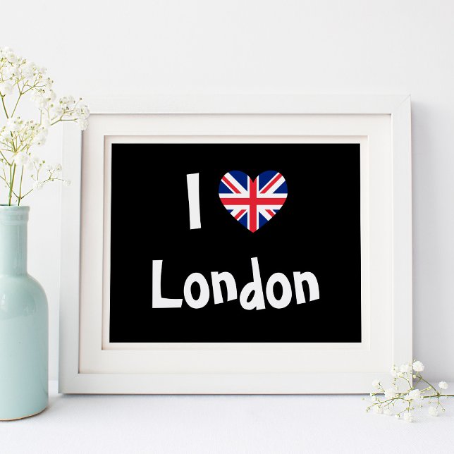 Jag älskar London Poster (Black and White I Love London with Union Jack Heart Shape)