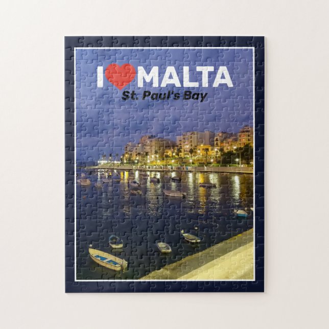Jag älskar Malta St.Pauls Bay nattetid Medelhavet Pussel (Vertikal)